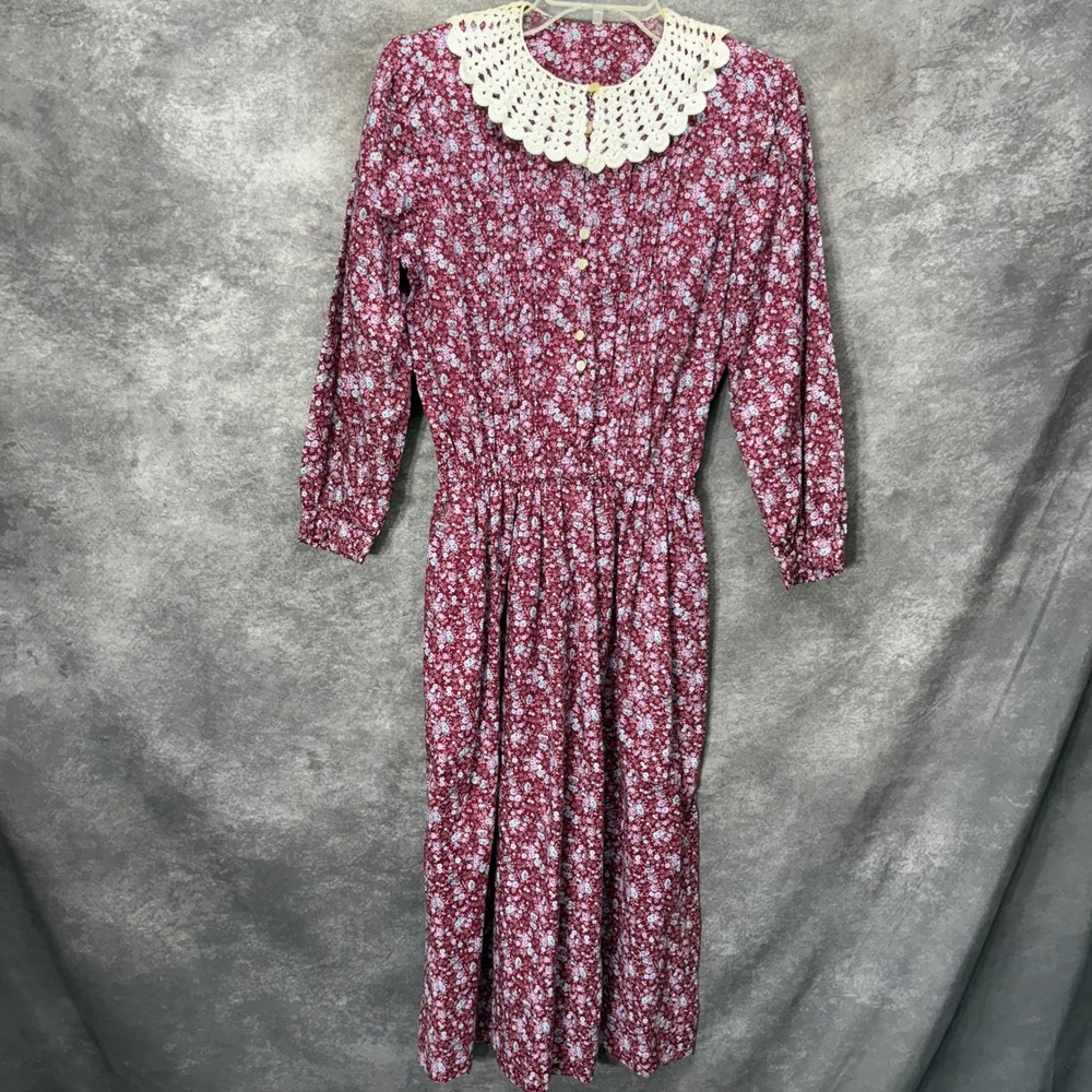 Vintage 80s Prairie Cottagecore Midi Dress Size S Burgundy Floral Crochet Collar